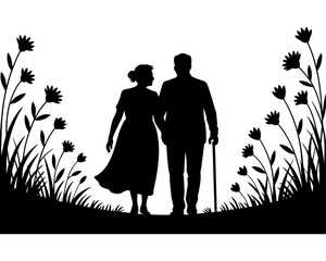 Silhouette of elderly couple walking in flower field