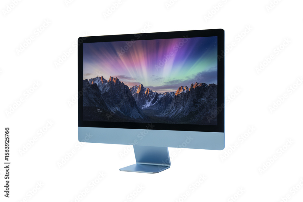 Fototapete modern computer monitor displaying a vibrant aurora borealis over snow capped mountains