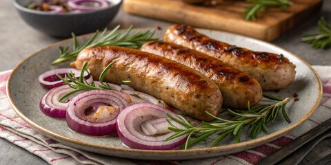 Fragrant homemade sausages, grilled to a golden crust. Served with juicy onions and fragrant rosemary. Perfect for illustrating meat dishes and barbecue.