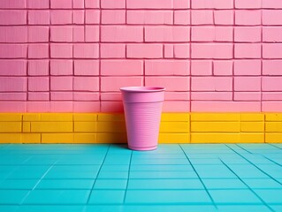 Bright Pink Plastic Cup on Colorful Background with Textured Wall and Tiled Floor