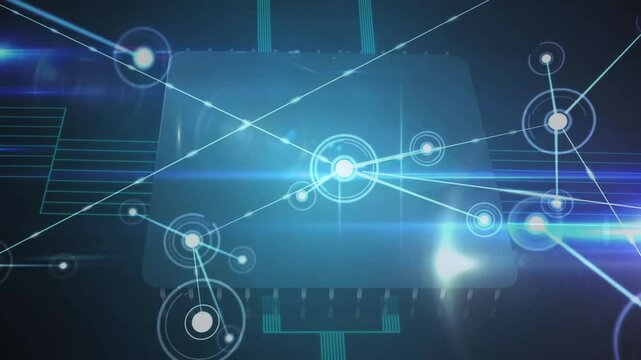 Microchip opening glowing core ring, emitting beams, materializing nodes, activating data network
