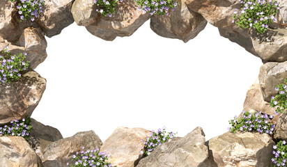 Naturally dense rocks and flowery border frame on transparent backgrounds 3d render png
