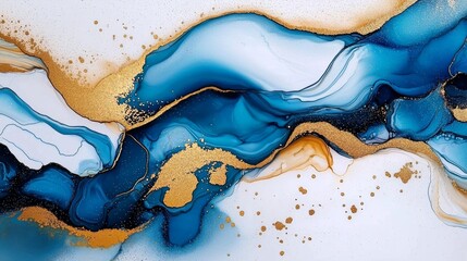 Blue and Gold Abstract Ink Art, Modern, Fluidart