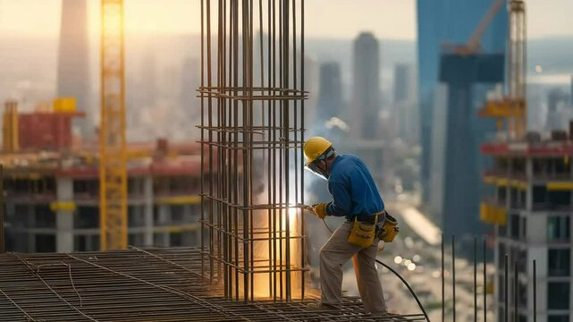 Skilled worker welds steel reinforcement bars at a high-rise construction site during golden hour.