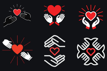 Create a black background vector image showing one hand passing a red heart to another hand below