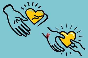 Heart with wings and hands in a romantic vector illustration with love and valentine theme