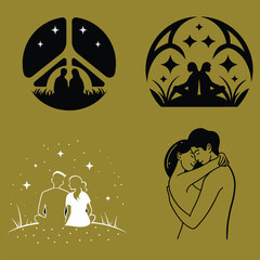Illustrate a minimalistic line art vector of a romantic couple hugging each other gently on a white background