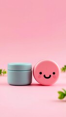 Cute Pink and Blue Cream Jars with Happy Faces and Greenery