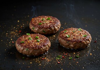 Juicy beef patties sizzling on a hot griddle with scattered seasoning flakes