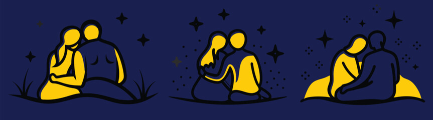 Illustrate a minimalistic line art vector of a romantic couple hugging each other gently on a white background