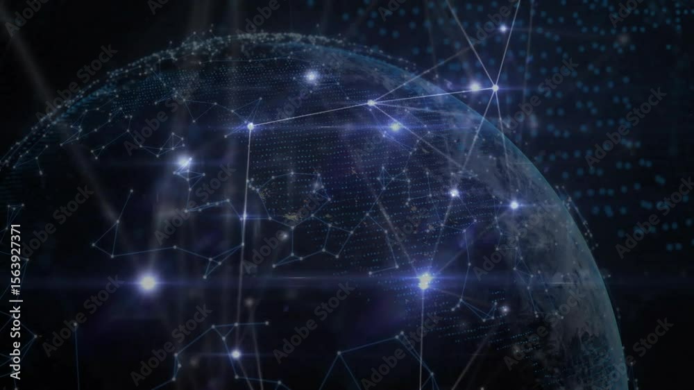 Poster Initial pulse initiating network growth, digital globe rotating with pulsing nodes visualizing data