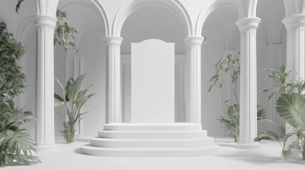 Obraz premium Empty white pedestal display area with arches and plants.