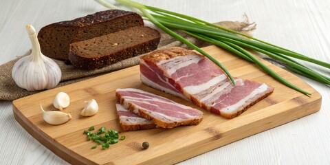 Lard cut into thin slices on a wooden board, with brown bread, green onions, and garlic nearby.