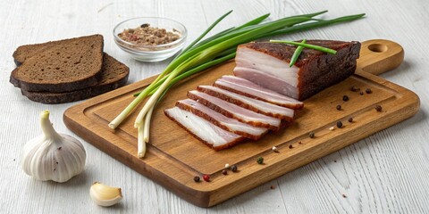 Lard cut into thin slices on a wooden board, with brown bread, green onions, and garlic nearby.