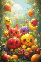 Cute Smiling Fruits in Basket