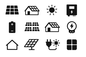 Black icons on white background for solar systems. Minimal vector set for renewable design.