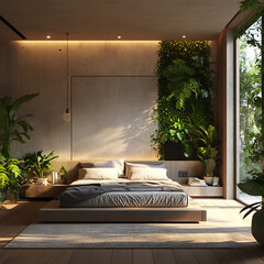 Contemporary bedroom featuring lush indoor greenery, natural light, and earthy organic materials 
