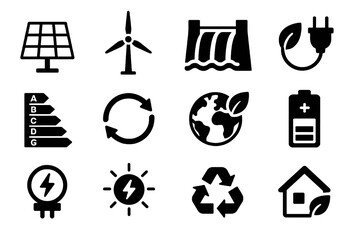 12 black clean energy icons on white. Vector for sustainable power and green living.