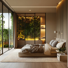 Contemporary bedroom featuring indoor nature integration, full-glass partition, luxury lighting design, and soft warm hues 