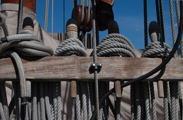 Fishing boat close-up rope and pulleys