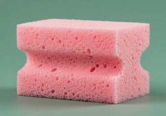 Close up of a pink cleaning sponge on green background