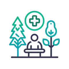 Person sitting on a bench in nature with trees and a health symbol in a modern style
