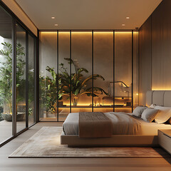 Contemporary bedroom featuring indoor nature integration, full-glass partition, luxury lighting design, and soft warm hues 