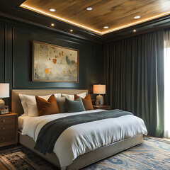 Contemporary bedroom featuring art-inspired wall decor, rich green curtain drapes, and warm recessed lighting 