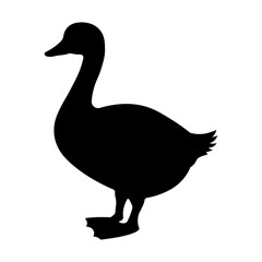 Minimalistic black silhouette of a goose or duck standing in side view, isolated without background, suitable for farm, wildlife, or nature themes