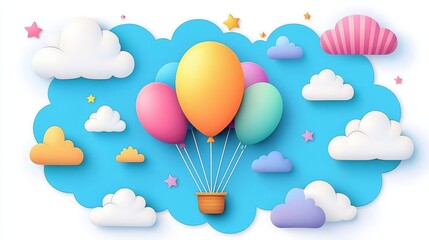 Obraz premium Colorful balloons floating in a bright sky, surrounded by fluffy clouds, creating a joyful and uplifting atmosphere.