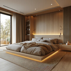 Contemporary bedroom design with sustainable wood finishes, minimalist architecture, and tactile surface details 