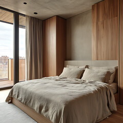 Contemporary bedroom design with sustainable wood finishes, minimalist architecture, and tactile surface details 