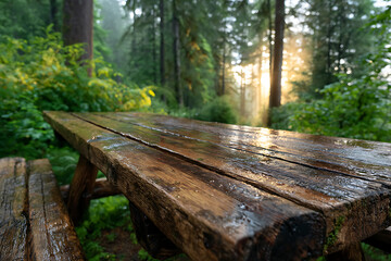 Fototapeta premium Wet Wooden Picnic Table In Forest Sunlight weathered