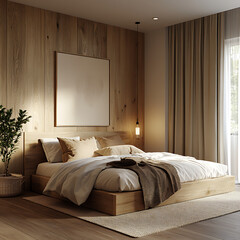 Contemporary apartment bedroom with minimalist Scandinavian style, warm wooden textures, tranquil mood, professional camera shot 