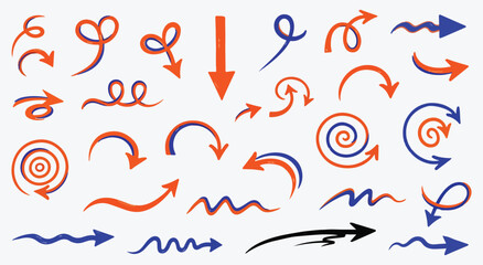 Hand Drawn Arrow Collection. Colorful doodle pointer set with spiral, wavy, and curly icons. Vector graphics for infographics or presentations.