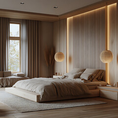 Chic wooden bedroom design, minimalist furnishings, elegant lighting fixtures, peaceful ambiance, interior visualization render 