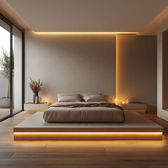 Calm minimalist bedroom with symmetrical layout, clean lines, neutral tones, and soft ambient lighting 