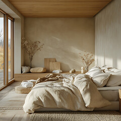 Calm eco-style bedroom with light architecture, tactile bedding and walls, and a focus on earthy tones 
