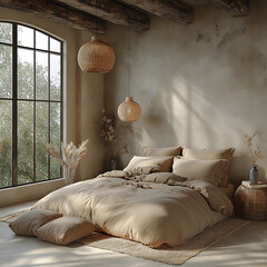 Calm eco-style bedroom with light architecture, tactile bedding and walls, and a focus on earthy tones 
