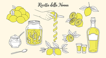 Limoncello Recipe Set. "Ricetta della Nonna" hand drawn vector illustrations showing the process of making Italian lemon liqueur for menus or food blogs.