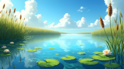 A crystal-clear image of a calm pond surrounded by tall grass and cattails, soft ripples on the water reflecting the blue sky and floating lily pads -