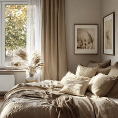 Calm and cozy bedroom with filtered natural light, minimalist framed prints, and warm fabric textures 