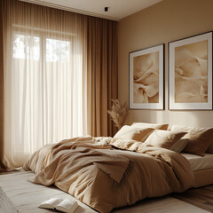 Bedroom design with warm textures, sheer curtains diffusing daylight, and minimalist framed artworks 
