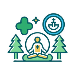 Person meditating in nature surrounded by trees and health symbols in a modern style
