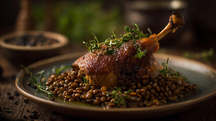 Savory dish featuring tender duck leg on a bed of lentils