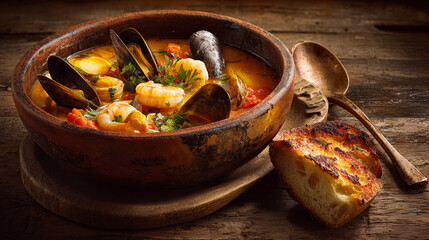 Delicious seafood stew with mussels and shrimp served with bread
