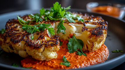 Delicious roasted cauliflower steak with vibrant red sauce