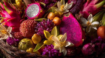 Colorful tropical fruit basket displayed with vibrant flowers