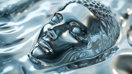 Abstract artistic 3D render of a reflective chrome face emerging from fluid ripples with soft lighting and high contrast - Powered by Adobe