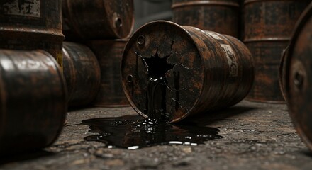 Close-up of leaking oil barrel in storage area, industrial accident or contamination risk